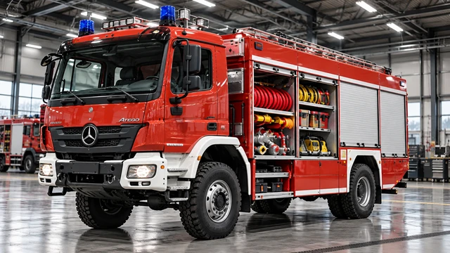 Rotes Feuerwehrfahrzeug mit geöffneten Geräteräumen.