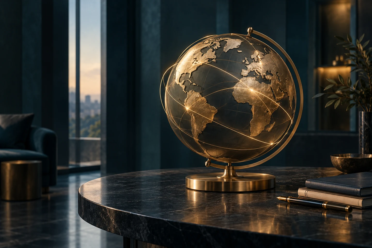 Illustration einer goldfarbenen Globusskulptur als Symbol für internationale Verbindungen.
