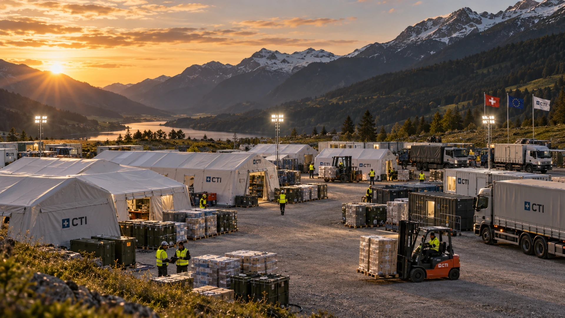 Notfall- und Katastrophenversorgung mit modularem Hilfscamp in alpiner Umgebung.