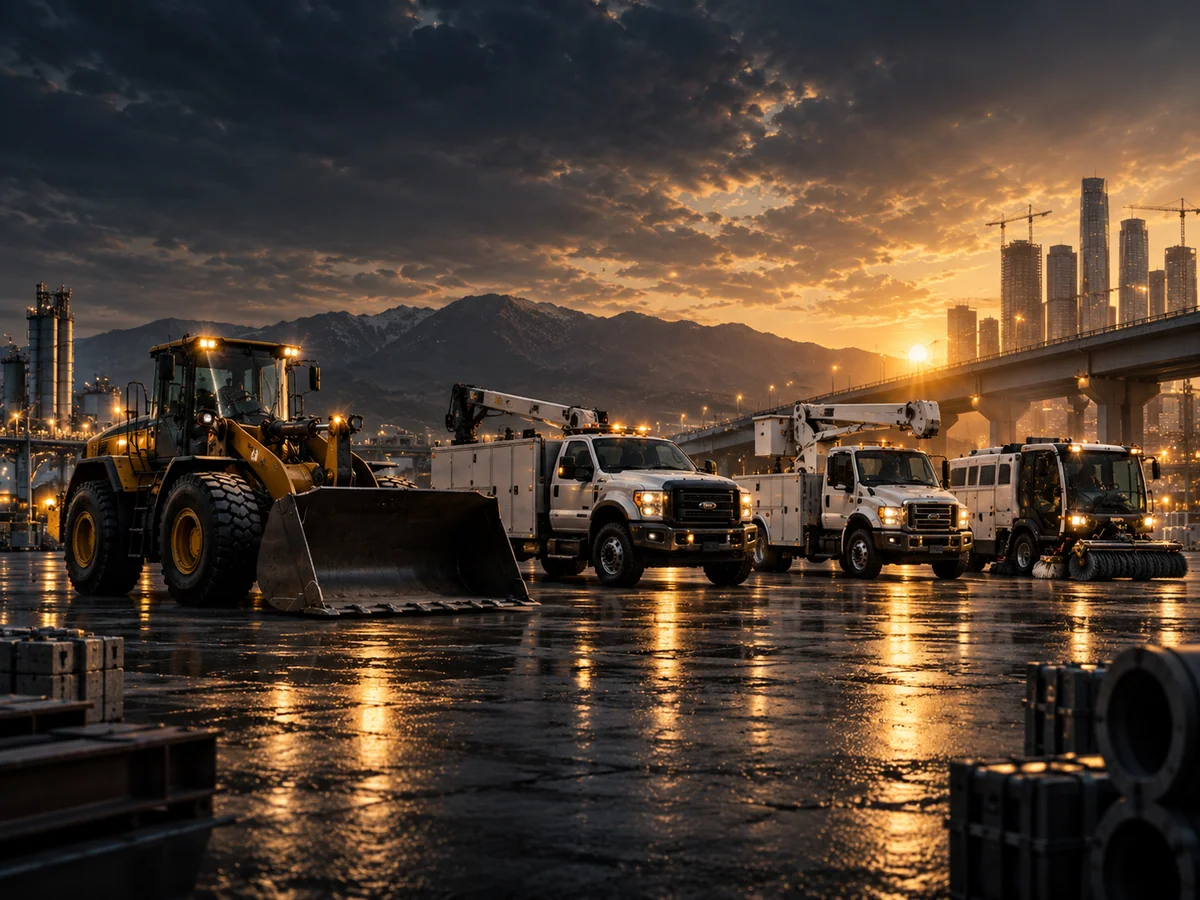 Illustration: municipal and industrial commercial vehicles with construction machinery in evening light.