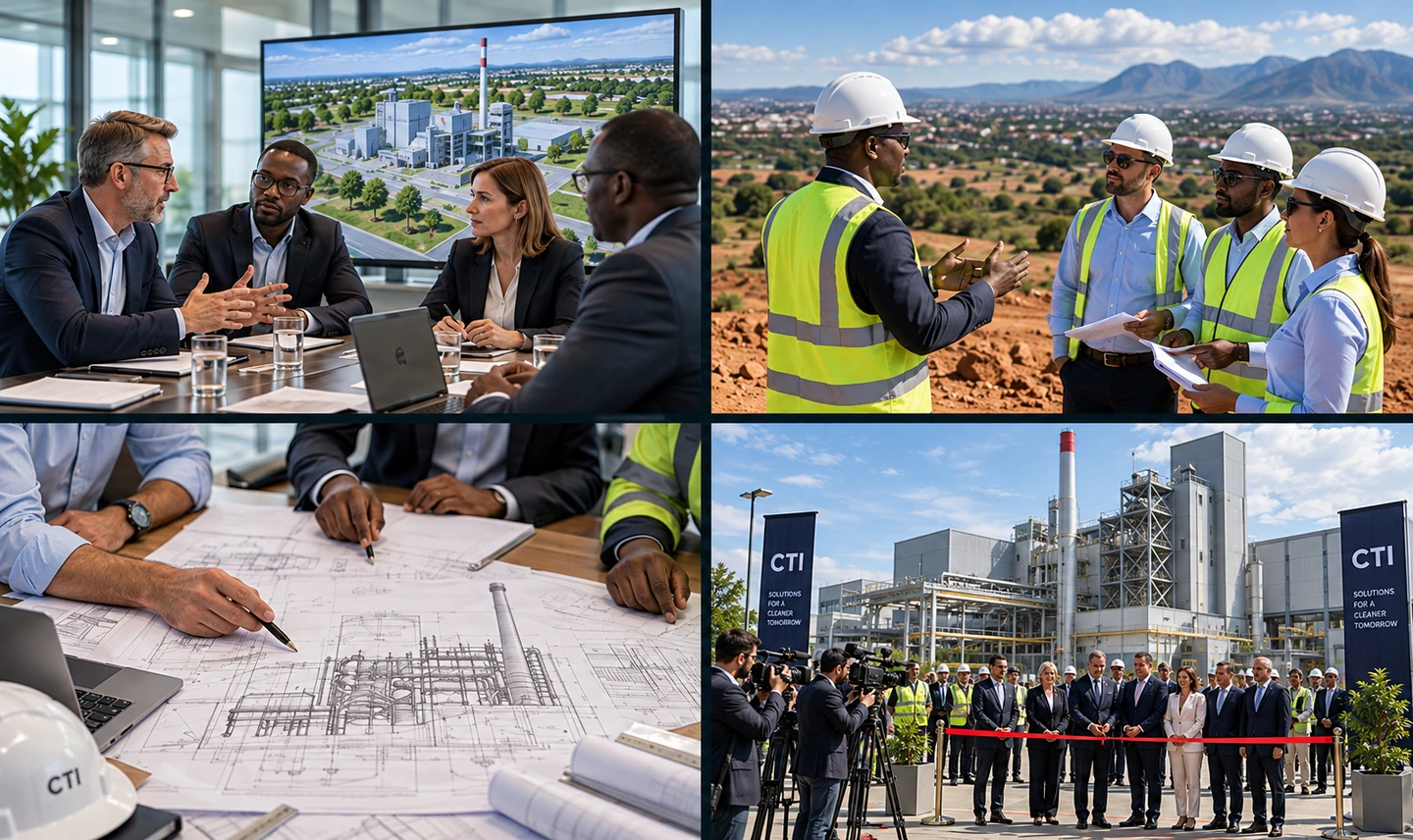 Collage de développement de projet avec réunion, visite de site, documents de planification et inauguration.