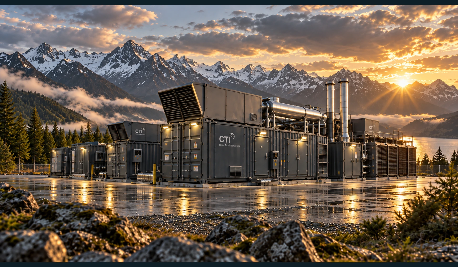 Containeranlage zur Stromerzeugung in einer Berglandschaft.